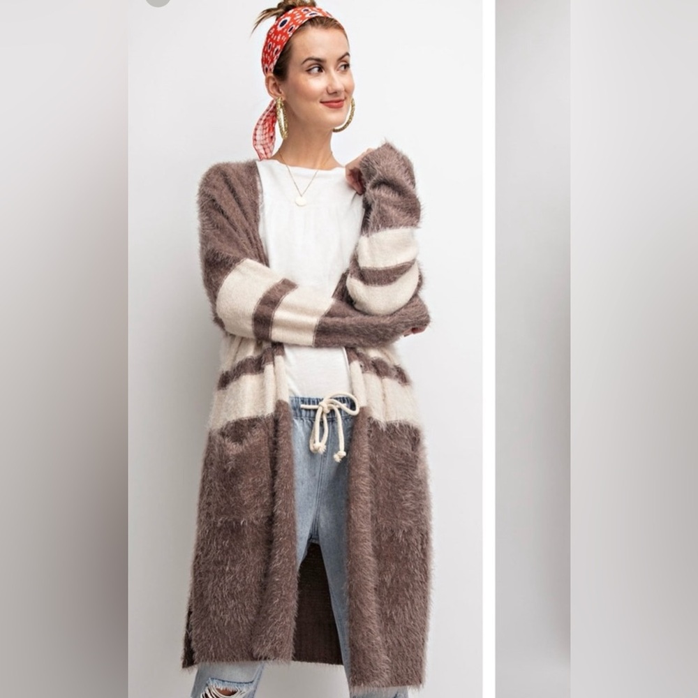 MALLY-Vegan Angora Varsity Stripe Open Cardigan
Oversized Size S brown/cream